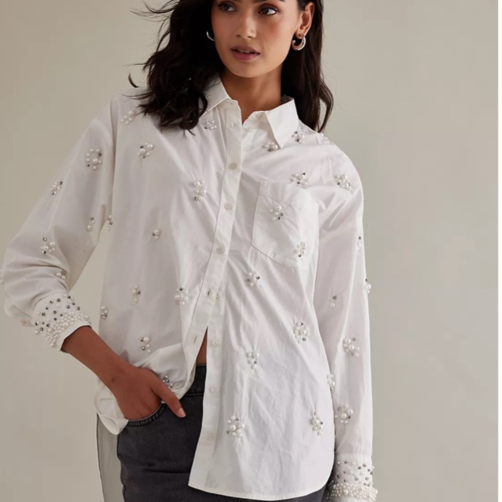 Maeve by Anthropologie Bennet button down shirt womens sz lg white embellished